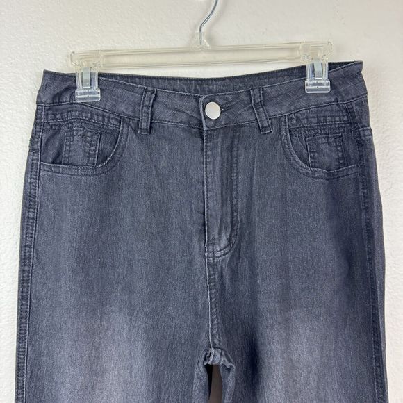 Women’s High Waisted Flare Leg Stretch Faded Black Gray Denim Jeans Medium - Picture 2 of 12